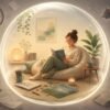 Fun and relaxing things to do represented by a woman reading inside a peaceful bubble, surrounded by a puzzle, drawing supplies, plants, and tea.