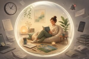 Fun and relaxing things to do represented by a woman reading inside a peaceful bubble, surrounded by a puzzle, drawing supplies, plants, and tea.