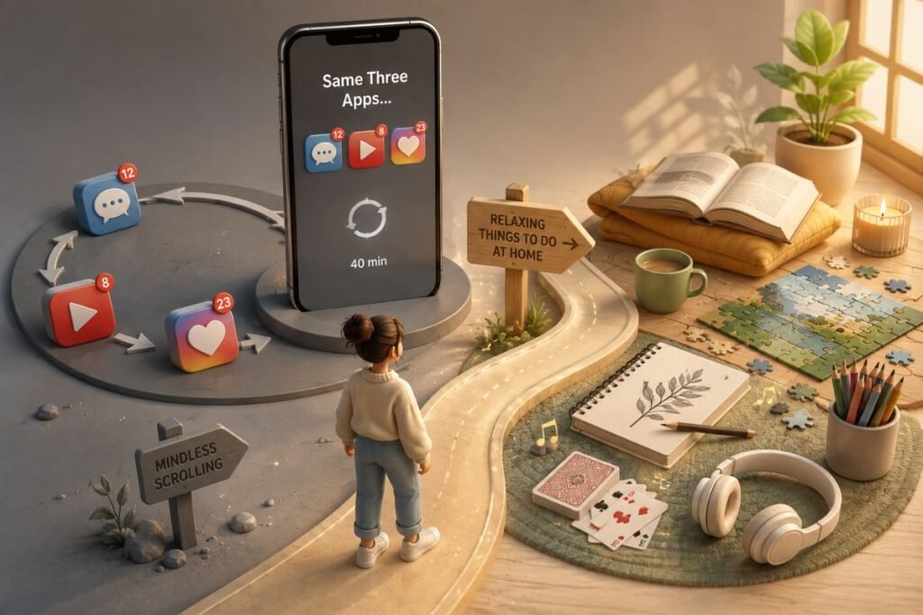 Relaxing activities to do at home, with reading, puzzles, drawing, and music offering a peaceful alternative to repetitive phone scrolling.
