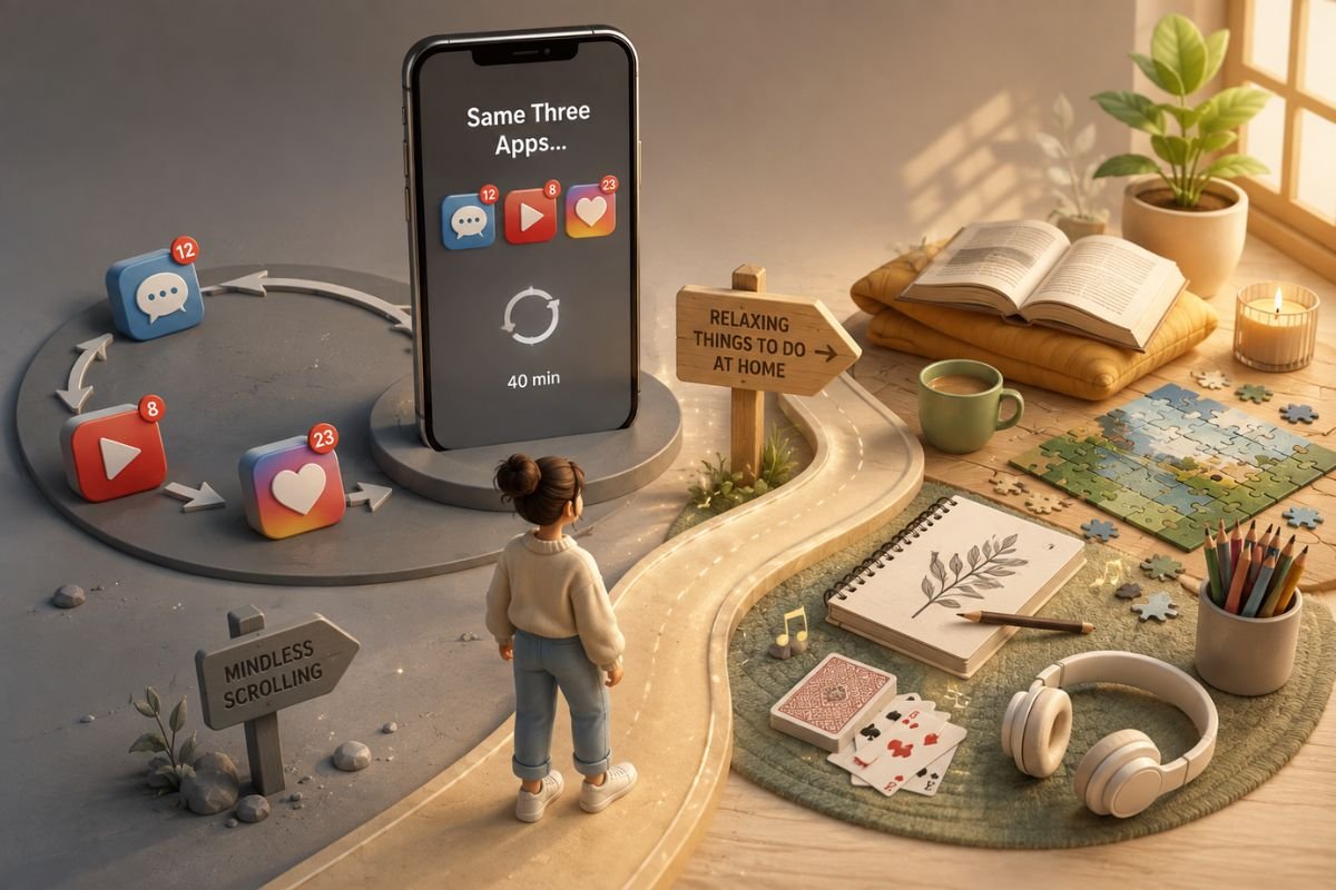 Relaxing activities to do at home, with reading, puzzles, drawing, and music offering a peaceful alternative to repetitive phone scrolling.