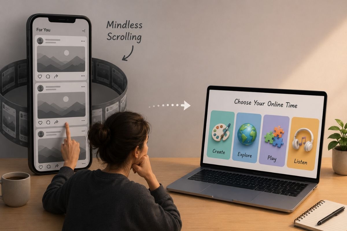 Relaxing things to do online as an alternative to mindless scrolling, with choices to create, explore, play, or listen instead of endlessly browsing a feed.