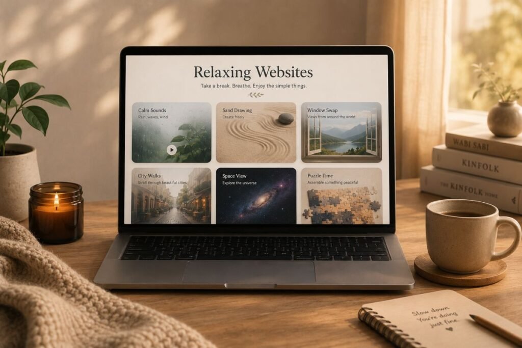 Relaxing websites offering simple online activities such as calming sounds, sand drawing, peaceful window views, city walks, space exploration, and puzzles.