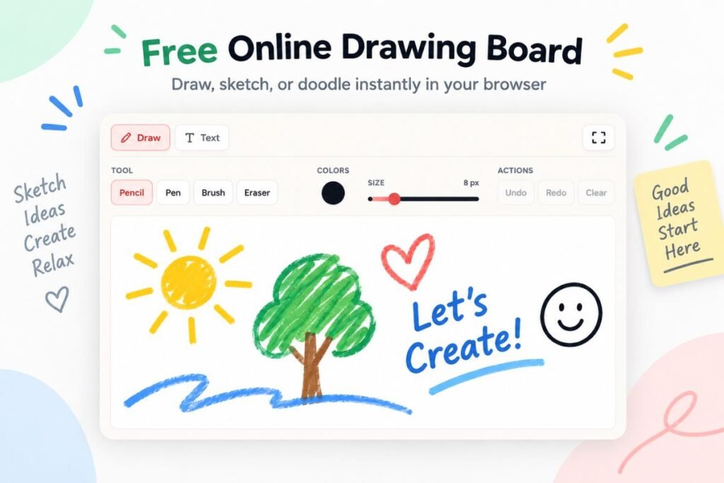 Free online drawing board with drawing tools and a colorful sketch on the canvas