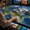 Interactive geography experience showing a visitor touching a digital world map as a distant mountain landscape rises into an immersive 3D scene.