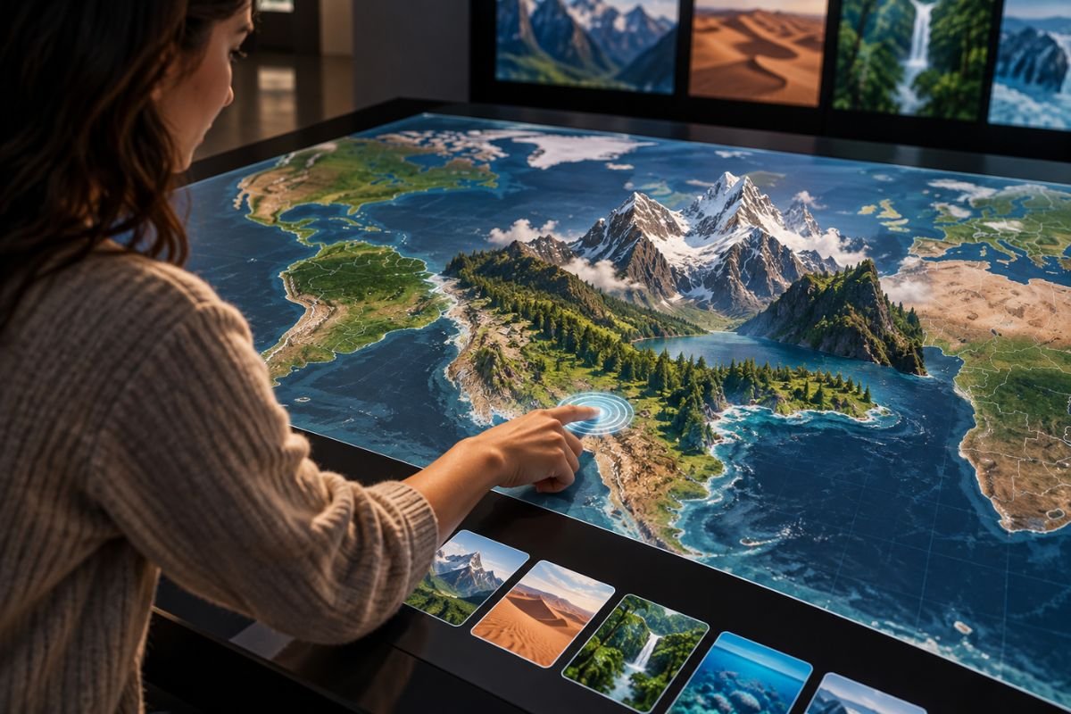 Interactive geography experience showing a visitor touching a digital world map as a distant mountain landscape rises into an immersive 3D scene.
