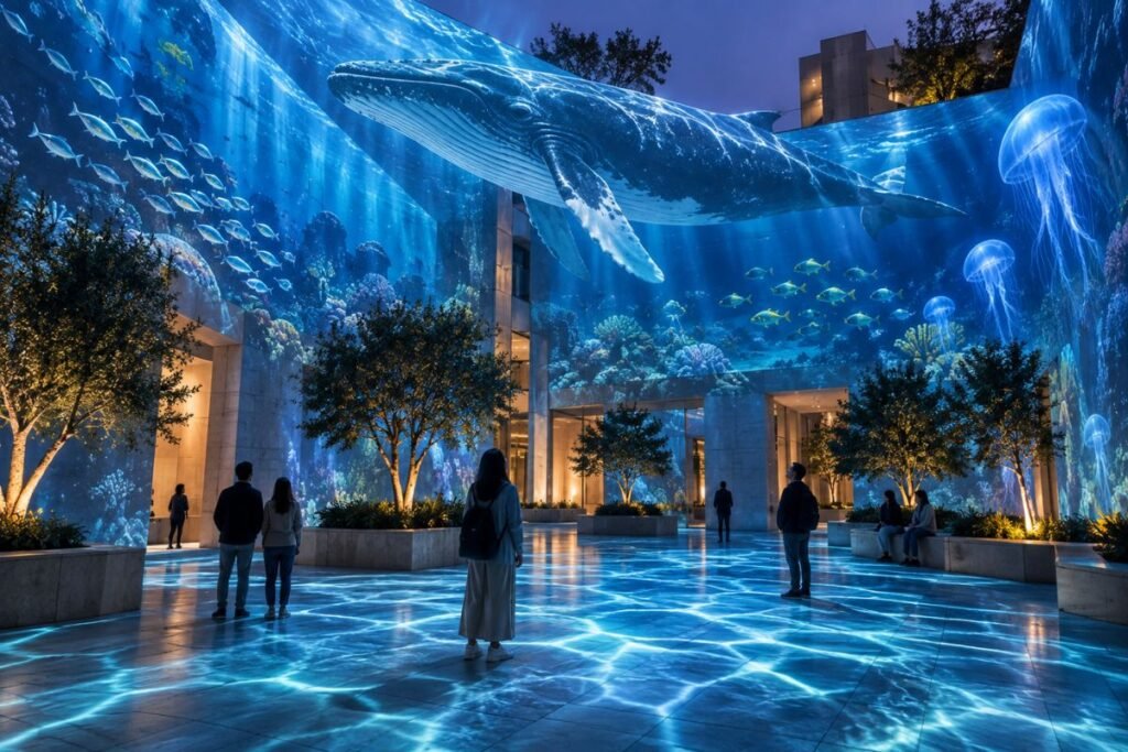 Immersive Ocean Experience transforming an open-air courtyard with projected whales, jellyfish, schools of fish, and underwater light surrounding visitors.