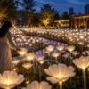A visitor reaches toward glowing white flowers as the Interactive Flower Installation responds with waves of light across the nighttime garden.