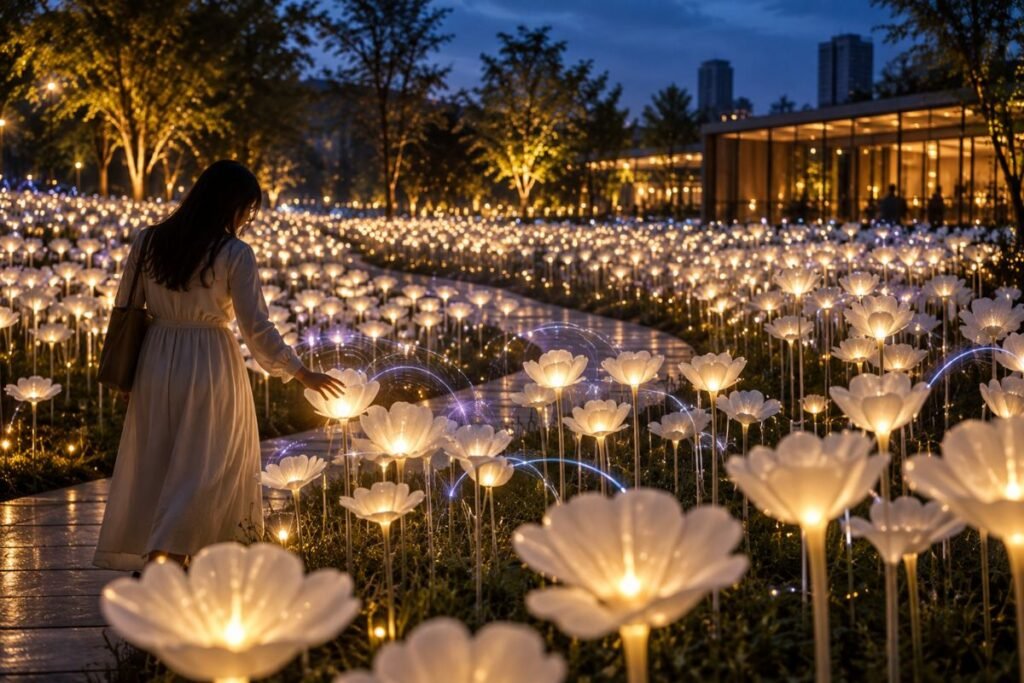 A visitor reaches toward glowing white flowers as the Interactive Flower Installation responds with waves of light across the nighttime garden.