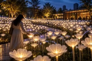 A visitor reaches toward glowing white flowers as the Interactive Flower Installation responds with waves of light across the nighttime garden.