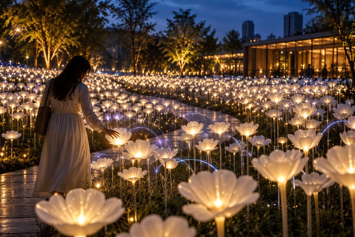 A visitor reaches toward glowing white flowers as the Interactive Flower Installation responds with waves of light across the nighttime garden.