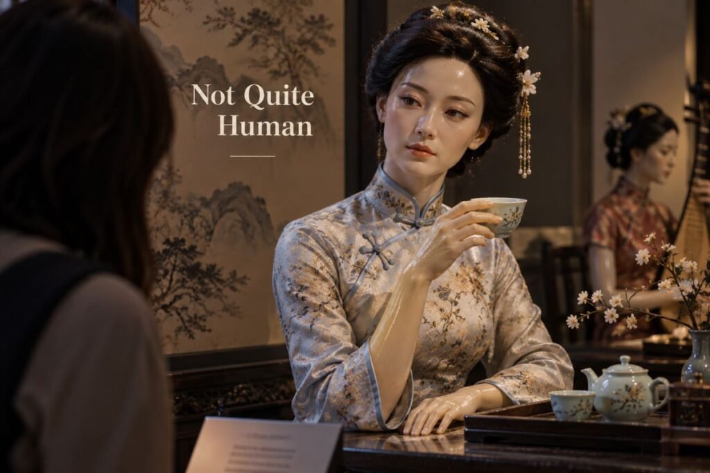A gallery visitor observes Lifelike Wax Sculptures posed with tea and traditional cultural objects, their glossy features revealing their artificial appearance.