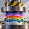 Colorful layered materials deform and burst during Hydraulic Press Destruction, capturing the unpredictable moment just before they are completely crushed.