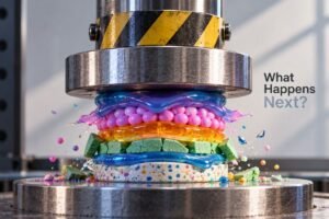 Colorful layered materials deform and burst during Hydraulic Press Destruction, capturing the unpredictable moment just before they are completely crushed.