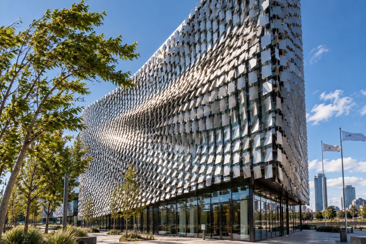 Wind moves thousands of small metal panels across Kinetic Building Façades, creating visible ripples of motion across a modern architectural exterior.