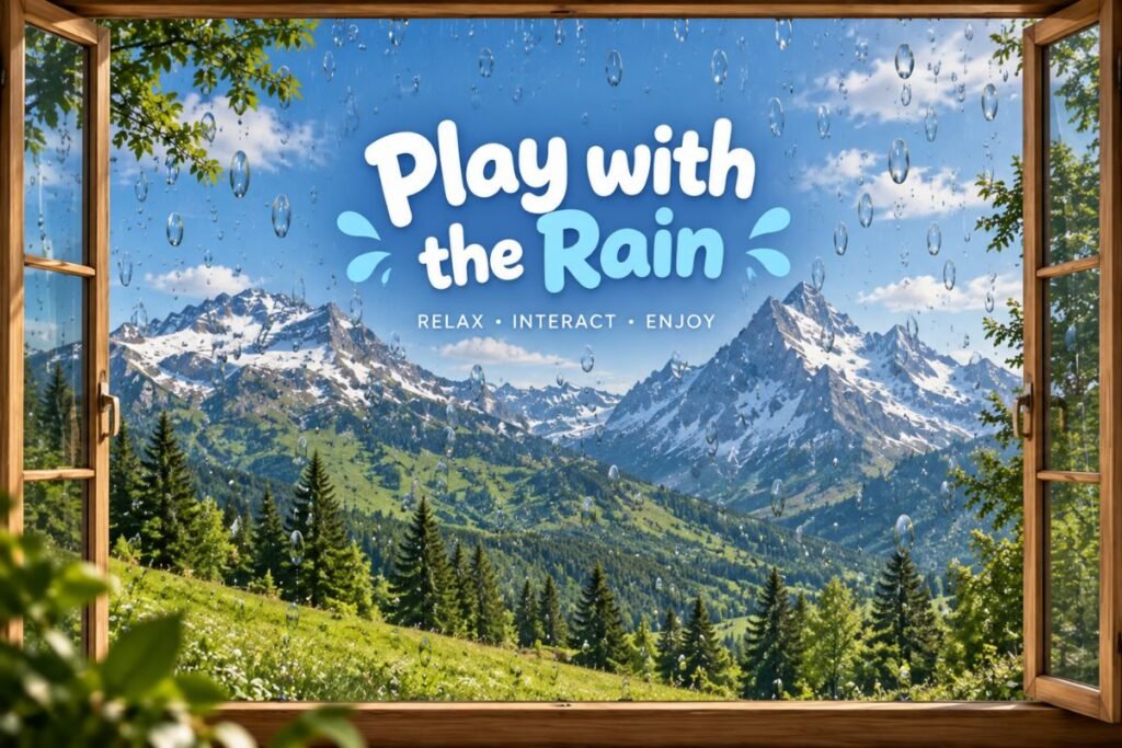 Raindrops scattered across an open window overlooking a bright mountain landscape on a sunny day.