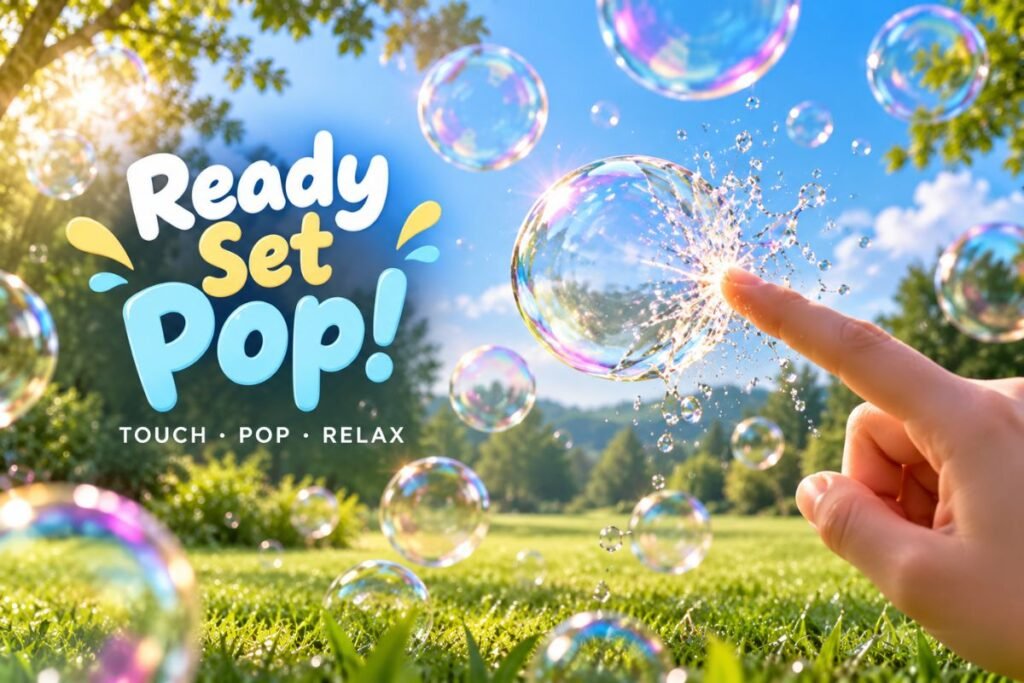 Bubble Burst game showing a finger popping a colorful soap bubble in a sunny park filled with floating bubbles.