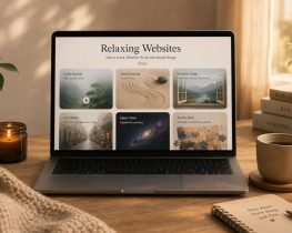 Relaxing websites offering simple online activities such as calming sounds, sand drawing, peaceful window views, city walks, space exploration, and puzzles.