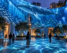Immersive Ocean Experience transforming an open-air courtyard with projected whales, jellyfish, schools of fish, and underwater light surrounding visitors.