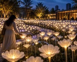 A visitor reaches toward glowing white flowers as the Interactive Flower Installation responds with waves of light across the nighttime garden.